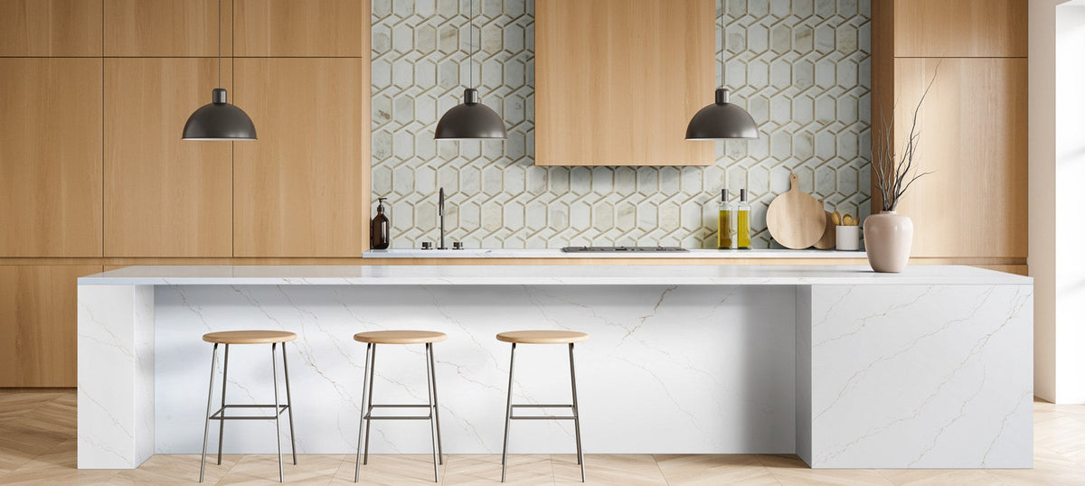 White quartz waterfall island countertop