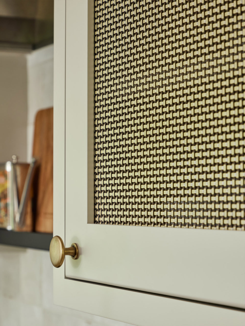 Cabinet door with brass wire mesh insert