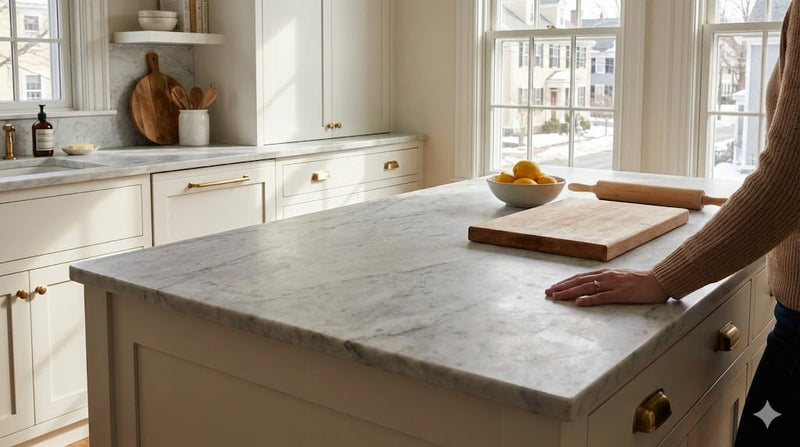Honed Carrara marble kitchen island
