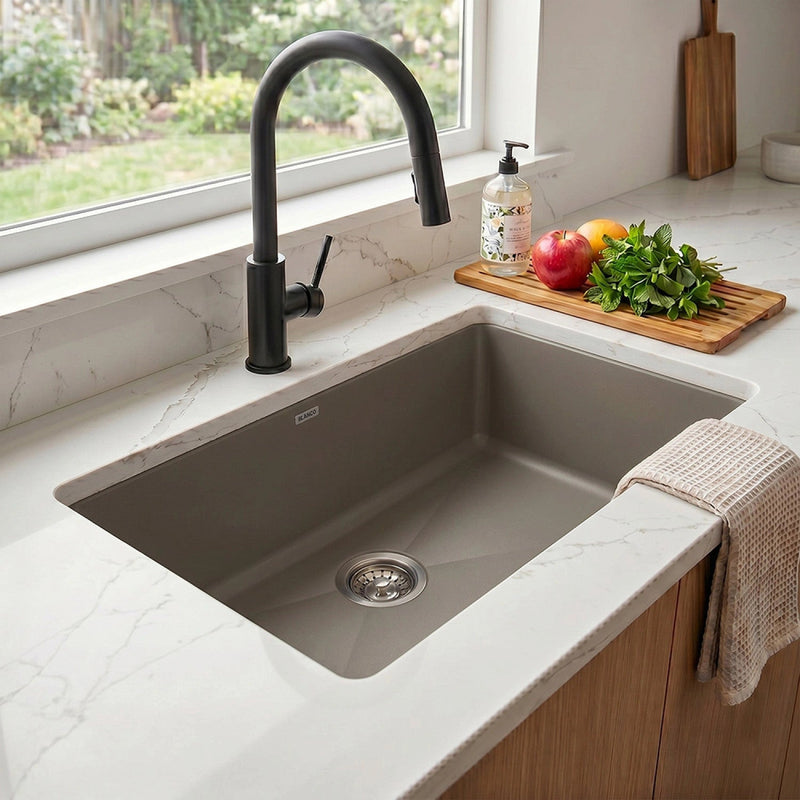 Undermount sink under a quartz countertop