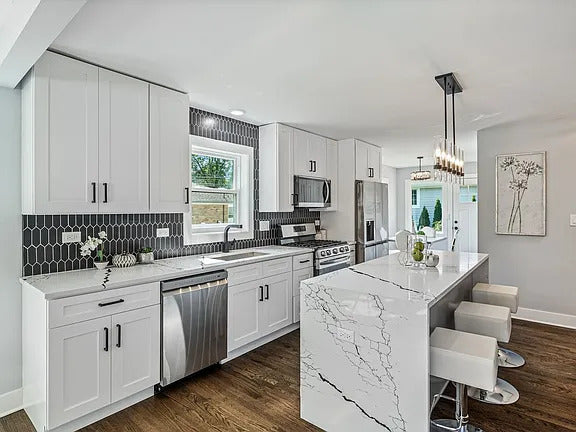 Modern Two-Tone Waterfall Countertop Kitchen Remodel in Plainfield, IL